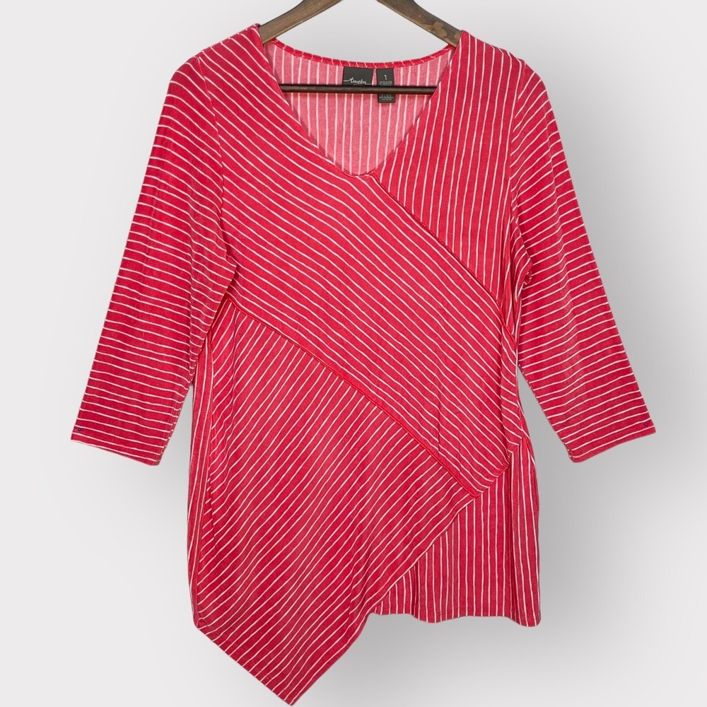 Travelers by Chicos Red White Striped Asymmetrical V-Neck Tunic Top Size Medium
